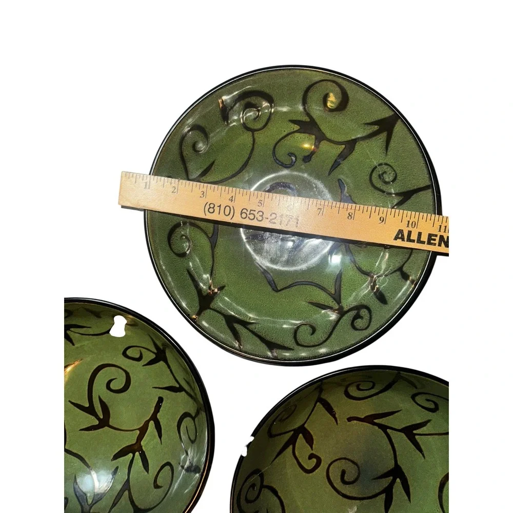 Oneida‎ Reactive Glaze Ceramic Bowls Green Black Vine Pattern Set of 3